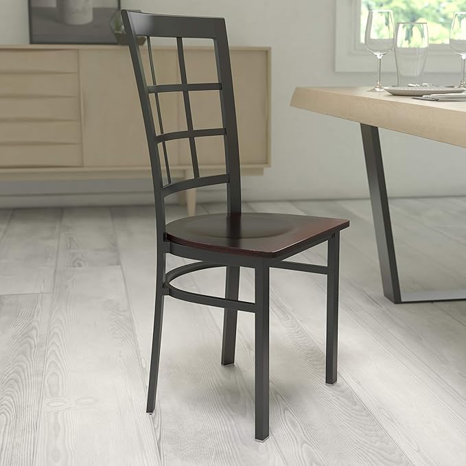 Flash Furniture HERCULES Series Black Window Back Metal Restaurant Chair - Walnut Wood Seat