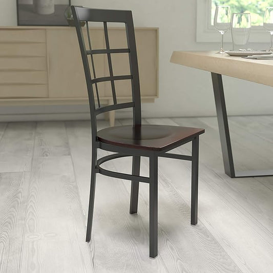 Flash Furniture HERCULES Series Black Window Back Metal Restaurant Chair - Walnut Wood Seat