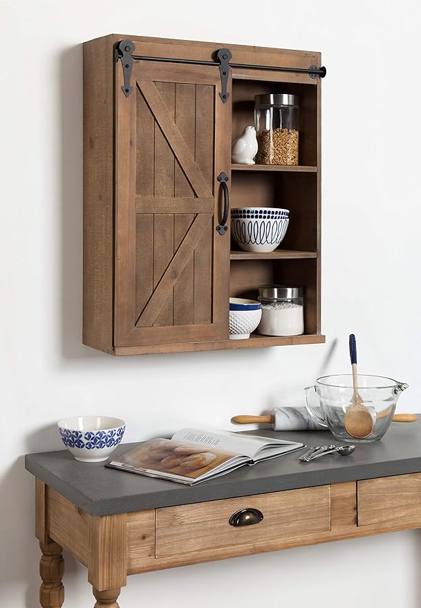 Kate and Laurel Cates Wood Wall Storage Cabinet with Sliding Barn Door; 22 x 9 x 28; Rustic Brown; Decorative Farmhouse Over the Toilet Cabinet with Three Shelves for Bathroom or Kitchen Storage
