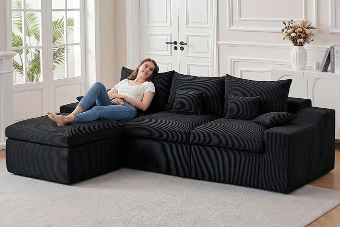 HABUTWAY 104" L Shaped Cloud Sectional Couch, Boneless Modular Sectional Sofa with Deep Seat, Corduroy Couches for Living Room, Modular Couch, No Assembly Required (Black)