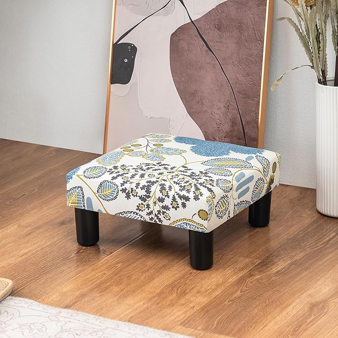 Joveco Small Foot Rest Stool Ottoman, Square Upholstered Fabric Footstool for Couch, Under Desk, Office, Living Room, Blue Floral