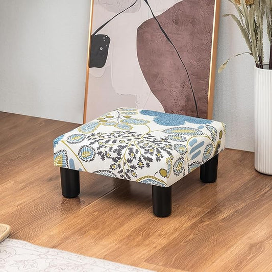 Joveco Small Foot Rest Stool Ottoman, Square Upholstered Fabric Footstool for Couch, Under Desk, Office, Living Room, Blue Floral