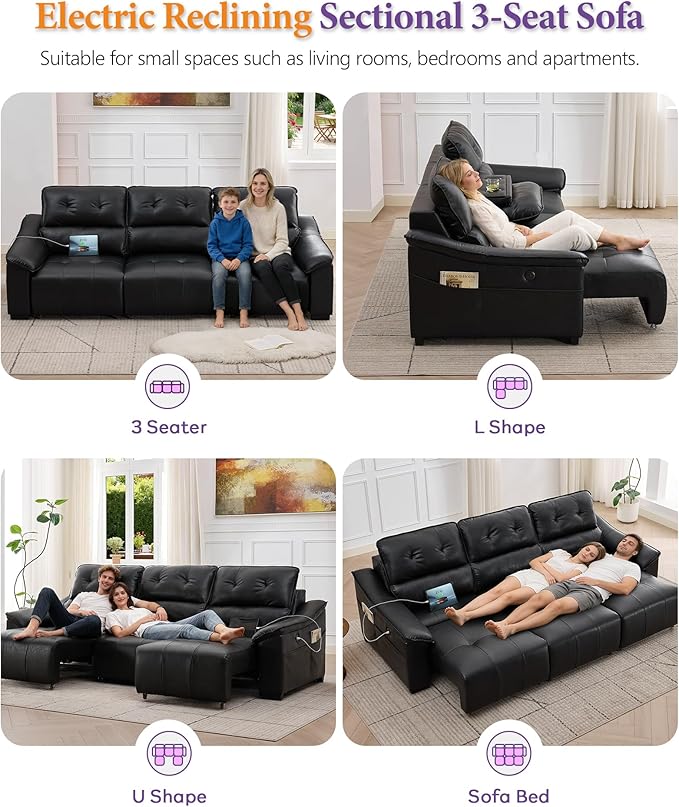 TYBOATLE Electric Reclining Sectional Couch, Power Recliner Sofa w/USB & Type-C Charging Ports and Cup Holders, Leather Reclining Sofa for Living Room, Home Theater