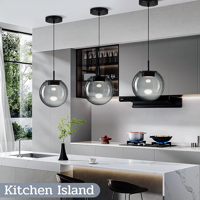 Advanced 3CCT Smoke Glass Pendant Light, Built-in LED Panel for Ultra-Even, Glare-Free Lighting, Modern Design and Stylist Fixture for Kitchen Island, Dining Table and Bedside(7.9in, 1-Pack)
