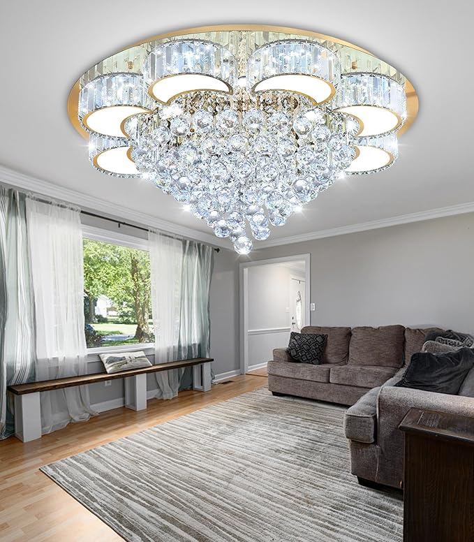 31.4'' Gold Modern Crystal Chandeliers for Dining Room LED Dimmable Light Fixtures Flush Mount Light Living Room Bedrooms