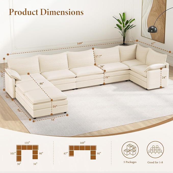 Vesgantti Large Modular Sectional Sofa, Big Comfy Cloud Couch with Ottoman Deep Seat Corduroy Cloud Sofa, 8 Seater Large Sectional Couches for Living Room, Bedroom and Apartment, Beige | Sink-in Comfort, Height Adjustable, Easy Rearrangement, Extra-dee...