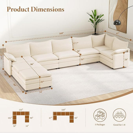 Vesgantti Large Modular Sectional Sofa, Big Comfy Cloud Couch with Ottoman Deep Seat Corduroy Cloud Sofa, 8 Seater Large Sectional Couches for Living Room, Bedroom and Apartment, Beige | Sink-in Comfort, Height Adjustable, Easy Rearrangement, Extra-dee...