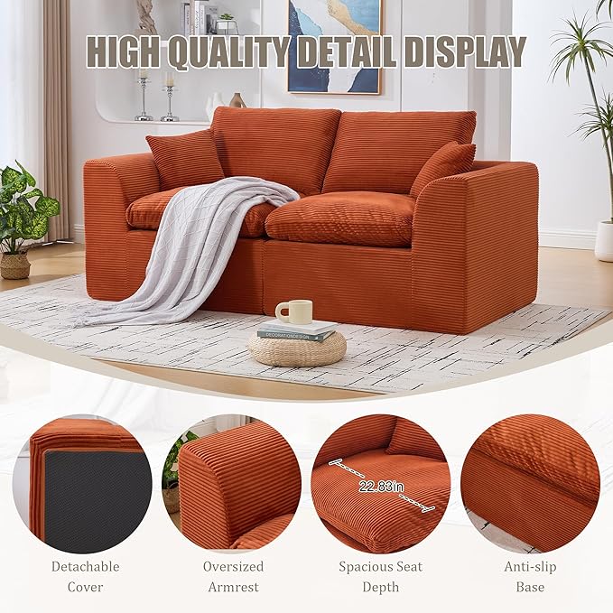 80.3" Cloud Loveseat Boneless Sofas for Living Room, 2 Seaters Modular Foam Cloud Sofa Couches, 2 Seat Compression Foam Couch with Toss Pillows, No Assembly Required