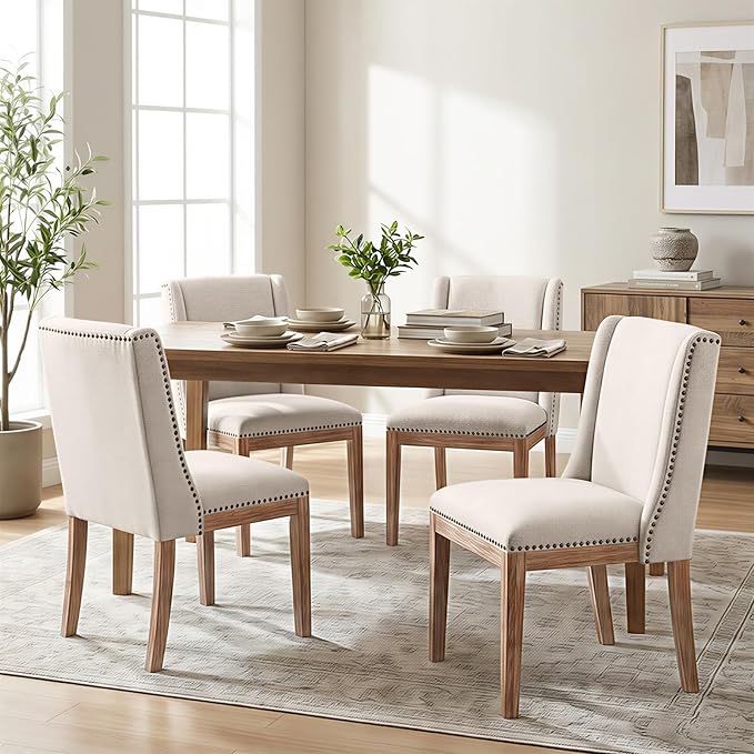 Dining Chair Set of 4, Upholstered Fabric Kitchen Side Chairs with Solid Wood Legs, Comfortable Seating for Kitchen, Dining Room & Restaurant, Camel
