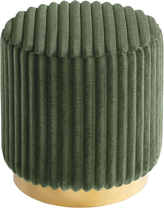 Furniture of America Vail Modern 17-inch Upholstered Ottoman with Channel Tufting and Gold Stainless Steel Base, Vanity Stool Chair, Small Foot Stool for Bedroom, Living Room, Entryway, Green
