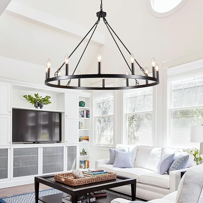 Black Wagon Wheel Chandelier 38 inch,12-Light Farmhouse Wagon Wheel Chandeliers Round Industrial Ceiling Rustic Country Light fixtures for Outdoor Porch high Ceilings Living Dining Room Foyer Entryway