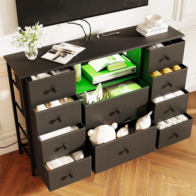 Dresser for Bedroom with 10 Drawers, Black Storage Organizer TV Stand for 55" TV with LED Lights and Sockets, Fabric Chest of Drawers with PU Finish for Kid Room, Entryway, Living Room, Hallway