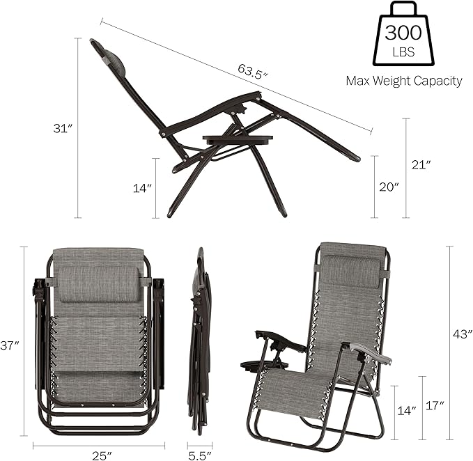 Lavish Home Zero Gravity Lounge Chairs- Set of 2- Gray Folding Anti-Gravity Recliners- Side Table, Cup Holder & Pillow-for Outdoor Lounging