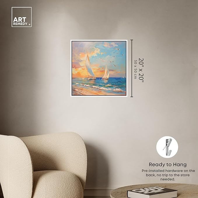 Art Remedy Sailboats In The Sunset Framed Sailing 1 Piece Canvas Wall Art, 21" x 21", White Frame