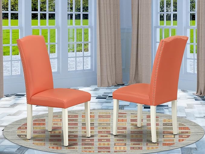 East West Furniture ENP2T78 Encinal Parsons Dining Chairs - Nailhead Trim Pink Flamingo Faux Leather Upholstered Chairs, Set of 2, Linen White