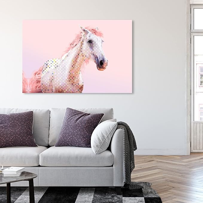 Country Farmhouse Canvas Print Painting Animal Wall Art 'Pink Glam Horse' Unframed Gallery Wrapped Canvas Rustic Home Décor 54x36 in Pink, White by Oliver Gal