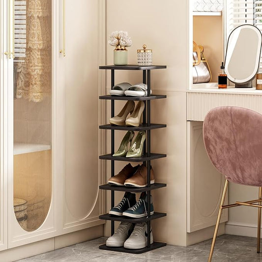 SORCEDAS 7 Tiers Vertical Shoe Rack Wooden Shoe Storage Organizer for Space Saving Narrow Shoe Shelf Storage 7 Pairs for Entryway Living Room Bedroom(Black + Rustic Dark Brown)