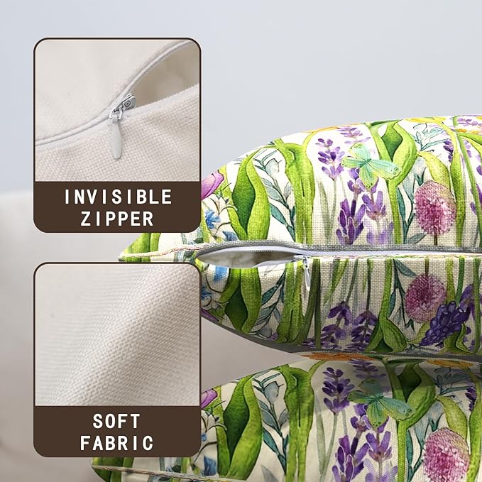 Spring Tulip Floral Pillow Covers 24x24 Set of 2 Watercolor Lavender Daffodils Flowers Throw Pillows Summer Outdoor Farmhouse Pillow Case for Couch Home Sofa Bed Decor