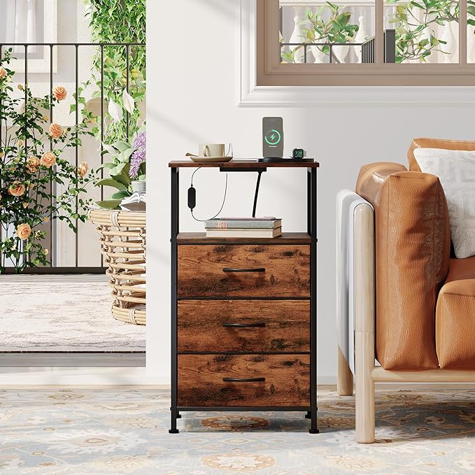 Somdot Nightstands Set of 2,Bedside Tables with Charging Station and LED Lights,Night stand with 3 Fabric Drawers, End Tables with Open Shelf for Bedroom Living Room Entryway Hallway, Wood Grain Print