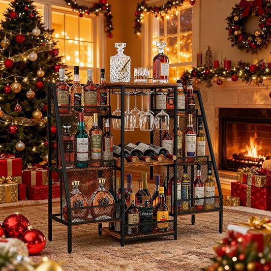 6-Tier (Safe Height for Kids & Pets) Freestanding Wine Rack with Glass Holders & Fences, Large Bar Cabinet for Home, Liquor Stand for Wine Bottles, Christmas & Holiday Party Wine Shelf