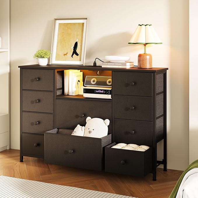 Dresser for Bedroom with 10 Drawers, Black Storage Organizer TV Stand for 55" TV with LED Lights and Sockets, Fabric Chest of Drawers with PU Finish for Kid Room, Entryway, Living Room, Hallway