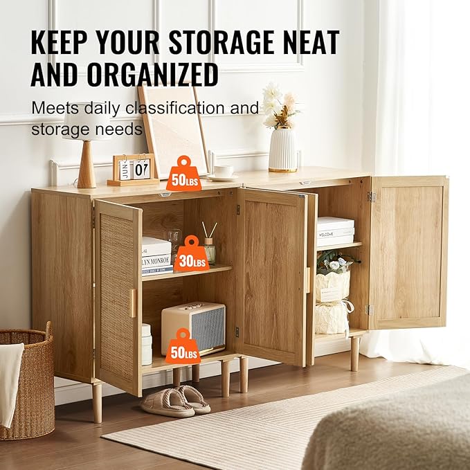 VEVOR Rattan Buffet Cabinet with Storage, 4 Magnetic Doors and Adjustable Shelves, Sideboard for Hallway, Living Room, Kitchen, Natural