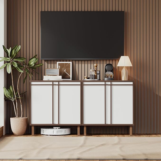 Sideboard Buffet Cabinet with Storage, 2 Doors, Adjustable Shelves, Wooden Mid Century Coffee Bar Cabinet for Entryway, Living Room, Kitchen, Walnut/White