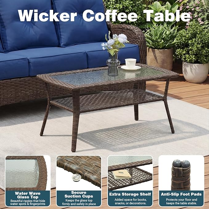 Patio Furniture Set, 5PCS Outdoor Wicker Conversation Set with 6" Thick Cushions, High Back Rattan Sofa & Swivel Rocker Chairs, Weather Resistant Olefin Fabric for Garden, Poolside, Navy Blue