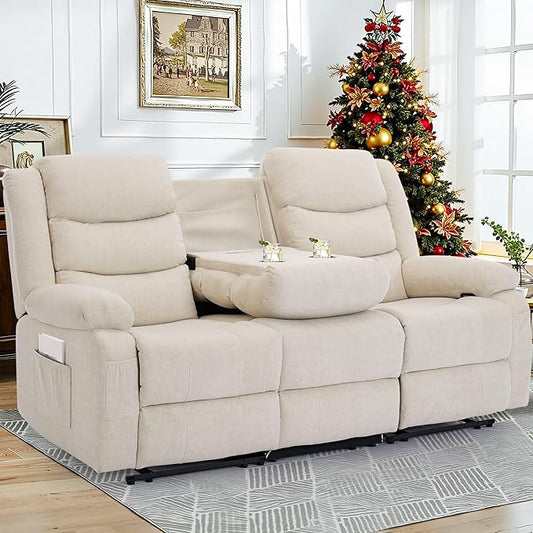 Korser Recliner Sofa, Reclining Loveseat with Console, Oversized Reclining Couch with Drop Down Table, 3-Seater Sofa with Cup Holder and Recessed Power Strip, Beige