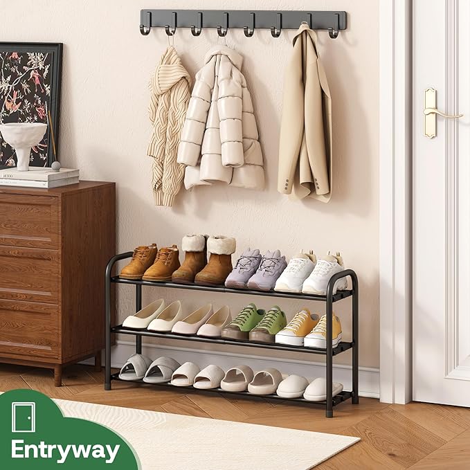 Shoe Rack for Closet, 3-Tier Expandable Closet Shoe Rack Metal Organizer, Heavy Duty Black Shoe Storage Shelf for Entryway, Doorway, Narrow Space
