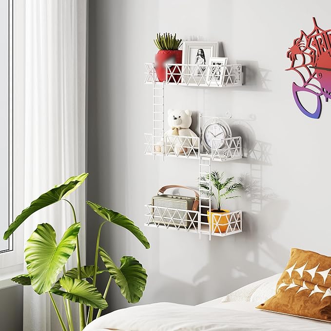 LUDOUR Fire Escape Wall Shelf - 3 Tier Fire Escape Ladder Wall Shelf 16.5 Inch Long, New York Metal Decorative Shelf for Action Figure Display, White Floating Wall Shelves for Bedroom, Home Décor.