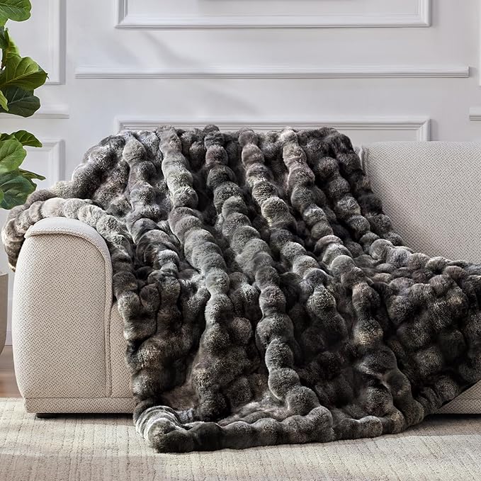 Faux Fur Throw Blanket, 1000GSM Fluffy Soft Bubble Blanket for Couch Bed, Cozy Plush Warm and Thick Blanket, Fuzzy Rabbit Throw for Living Room Bedroom 80''*90'' Tie-dye Grey