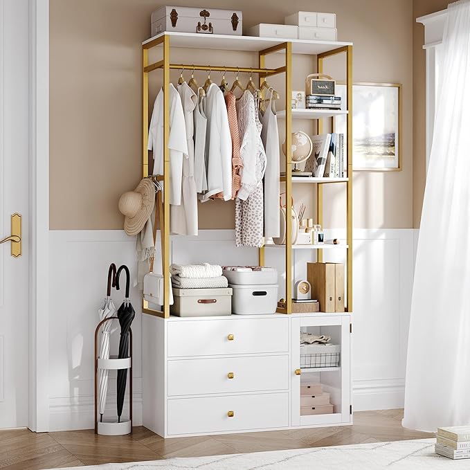 Closet System Organizer, 81.3” H Wardrobe Closet with 3 Wooden Drawers, Clothes Rack with Hanging Rods, 4 Tiers Shelves, Metal Frame, White and Gold