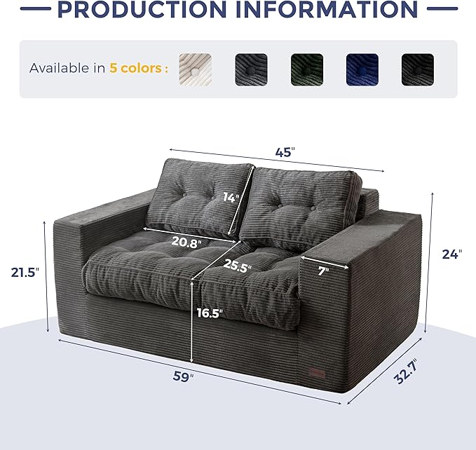 MAXYOYO Loveseat Sofa Couch, Upholstered Bean Bag Chair Cloud 2-Seat for Adults, Boneless Couch with Tufted Cushion & Pillows, Sofa in A Box, No Assembly Required, Dark Grey