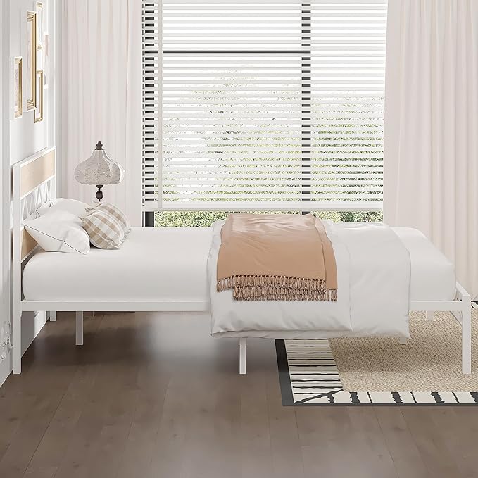 VECELO Queen Size Bed Frame with Headboard, Heavy-Duty Platform Bedframe with Metal Slats Support, No Box Spring Needed, Easy Assembly, White & Natural