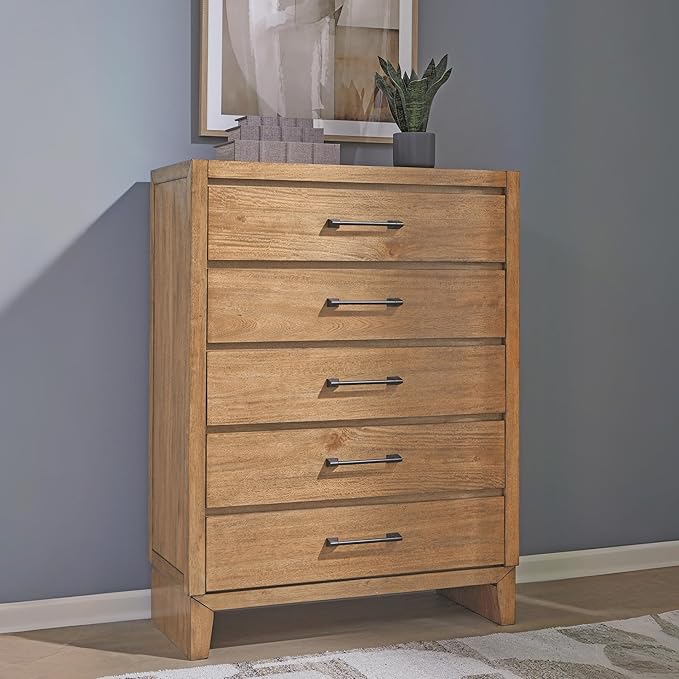 Signature Design by Ashley Sherbana Casual 5-Drawer Chest of Drawers with Safety Stop and Felt-Lined Top Drawer, Light Brown