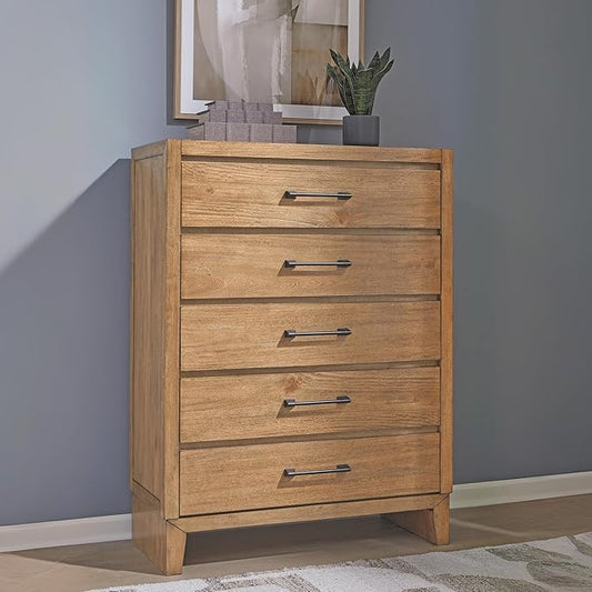 Signature Design by Ashley Sherbana Casual 5-Drawer Chest of Drawers with Safety Stop and Felt-Lined Top Drawer, Light Brown