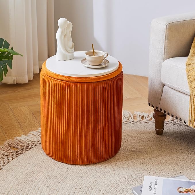 IBUYKE Round Ottoman with Storage Set of 2 Boucle Ottoman End Table for Living Room Vanity Stool Velvet Footrest Stool Bar Stool UWBD005J