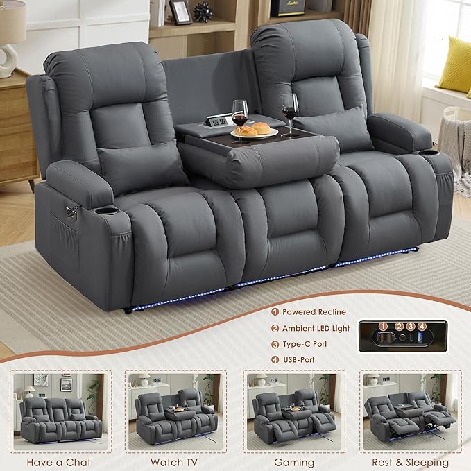 TUNYI Wall Hugger Loveseat Recliner Sofa with Console, Power Reclining Loveseat RV Couch with Massage & Heat/USB/Outlet/Storage/LED Light (Blue, 3 Seat)