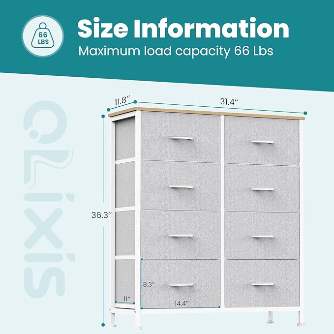 OLIXIS Fabric Dresser Storage Tower 8 Drawer Organizer with Wooden Top and Metal Frame for Bedroom Living Room Closet Entryway, Light Grey