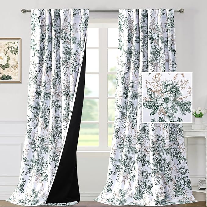 H.VERSAILTEX Vintage Floral Curtains 108 inch Length 2 Panels Set 100% Blackout Drapes for Bedroom Thermal Insulated Back Tab/Rod Pocket Living Room Curtains Sound Proof Drapes, Moss and Wheat