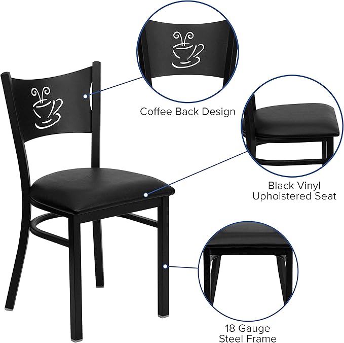 Flash Furniture 4 Pack HERCULES Series Black Coffee Back Metal Restaurant Chair - Black Vinyl Seat