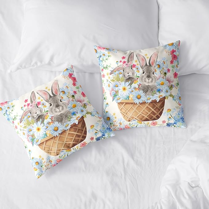 Easter Bunny Pillow Covers 24x24 Spring Rabbit Daisy Floral Throw Pillow Covers A Basket Filled with Lovely Bunny and Flowers Pillowcase Cushion Case for Sofa Patio Garden 2 Pack