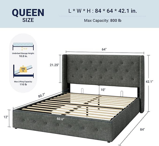 Allewie Queen Size Lift Up Storage Bed, Button Tufted Headboard with Wingback, Hydraulic Support, No Box Spring Needed, Dark Grey