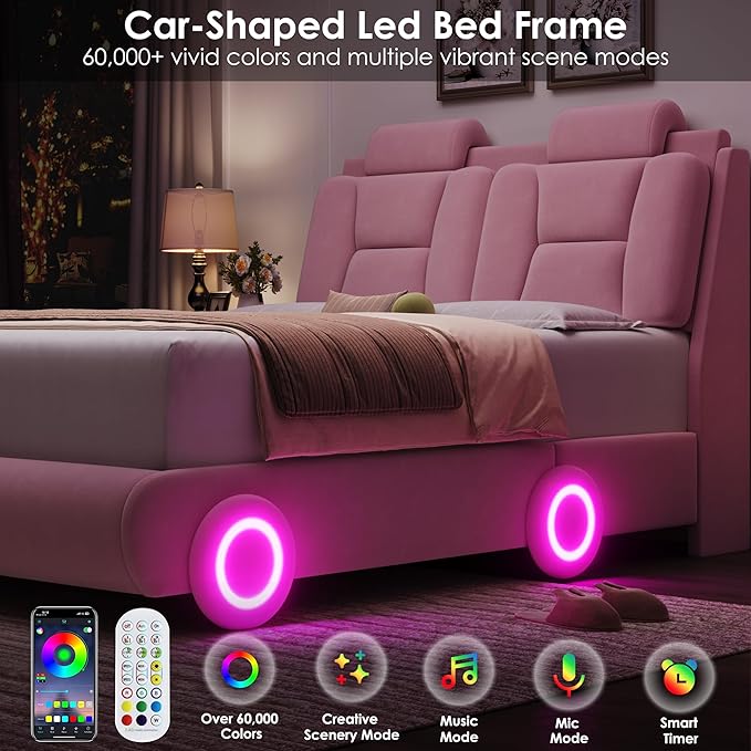 Keyluv Queen Led Car Bed Frame with Wheels Decor & Adjustable Curved Headboard Modern Upholstered Platform Bed with Detachable Pillows Solid Wooden Slats Support No Box Spring Needed, Velvet Pink