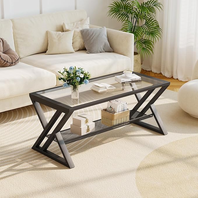 Glass Coffee Table Living Room Table with Storage Shelf, Black Glass Table Simple Modern Rectangular Tables with Sturdy Black Metal Frame,Industrial Glass Coffee Table for Bedroom Home Office