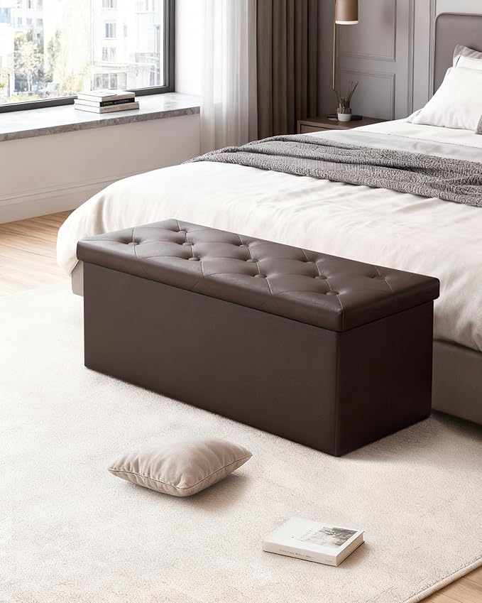 GLAXYFUR Storage Ottoman Bench, 43 Inches Folding Ottoman with 2 Dividers, PU Leather Foot Rest, End of Bed Bench, Storage Chest for Living Room, Bedroom and Entryway, Brown