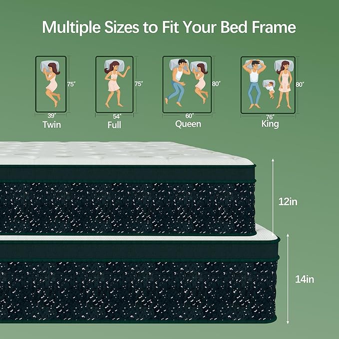 14 inch Queen Mattress,Hybrid Mattress in a Box,Queen Size Gel Memory Foam Mattress Individually Pocket Springs Pressure Relief & Motion Isolation CertiPUR-US Certified,Green
