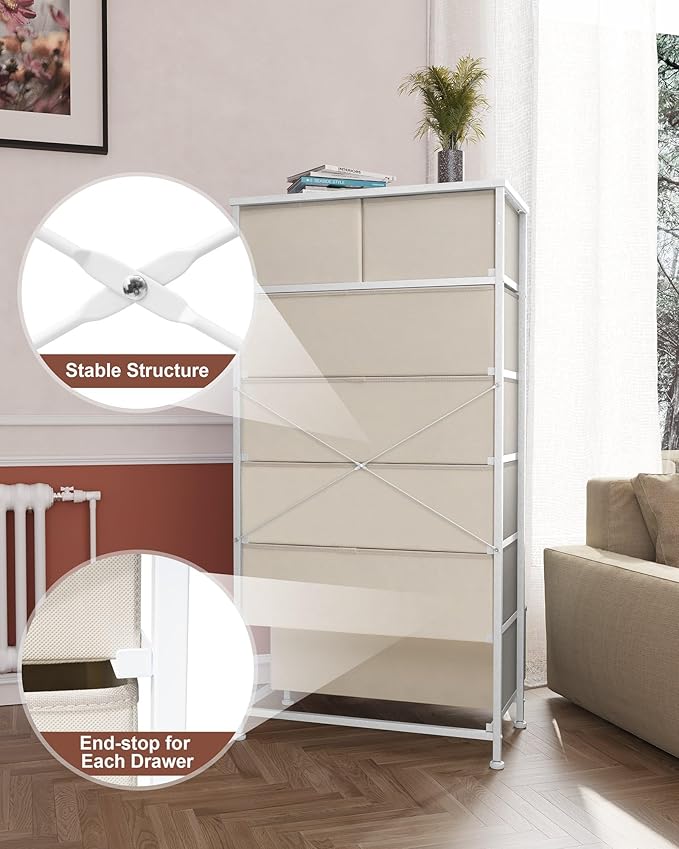 Crestlive Products Vertical Dresser Storage Tower - Sturdy Steel Frame, Wood Top, Easy Pull Fabric Bins, Wood Handles - Organizer Unit for Bedroom, Hallway, Entryway, Closets - 7 Drawers (Beige)