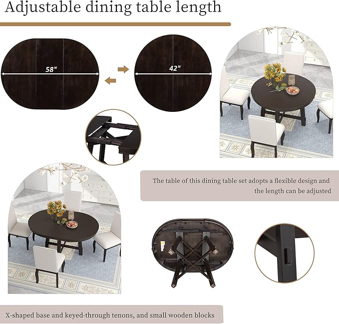 ERYE Farmhouse Style Extendable Wooden Round Dining Table, Functional Extendable Oval Dining Table with 16" Leaf